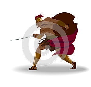 Angry spartan warrior with armor and hoplite shield holding a sw