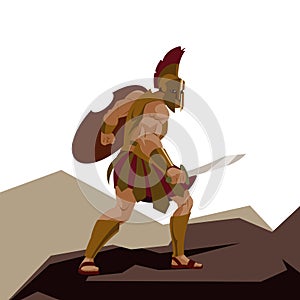 Angry spartan warrior with armor and hoplite shield holding a sw