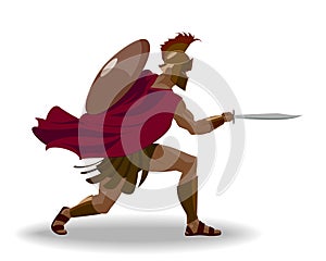 Angry spartan warrior with armor and hoplite shield holding a sw photo