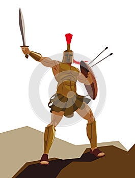 Angry spartan warrior with armor and hoplite shield holding a sw photo