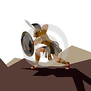 Angry spartan warrior with armor and hoplite shield holding a sw photo