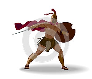 Angry spartan warrior with armor and hoplite shield holding a sw photo