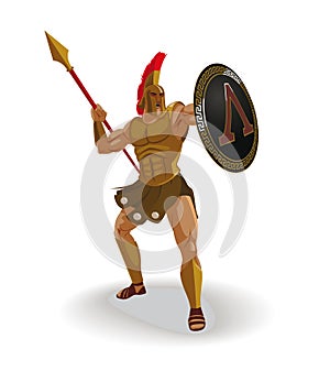 Angry spartan warrior with armor and hoplite shield shouted and