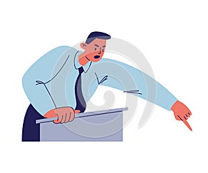 The angry speech of the figure behind the podium. A man in a blue shirt with a tie points his finger at someone. Vector