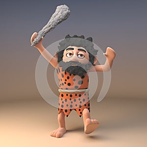 Angry stone age caveman in animal pelt with long beard waves his prehistoric club in the air while ranting, 3d illustration