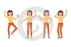 Angry, stressed, desperate, brown hair young woman in orange pants vector illustration. Shouting, talking on phone girl character