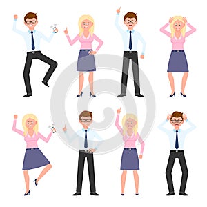 Angry, stressed, glasses man and blonde woman. Shouting, pointing finger, talking on phone boy and girl cartoon character vector