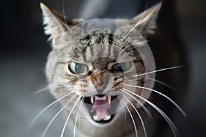 Angry tabby cat hissing in attempt to scare away an assaulter. Aggressive cat hisses with it's mouth open, showing fangs