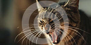 Angry tabby cat hissing in attempt to scare away an assaulter. Aggressive cat hisses with it's mouth open, showing fangs