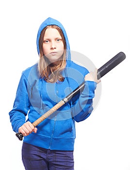 Angry teen girl in hood with baseball-bat