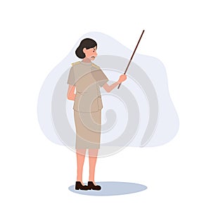 Angry Thai woman teacher with pointing stick. disciplined teacher. Flat vector cartoon illustration