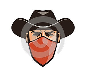 Angry thug in mask. Cowboy, robber, bandit in hat. Cartoon vector illustration