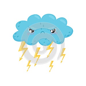 Angry thundercloud with lightning on white background.