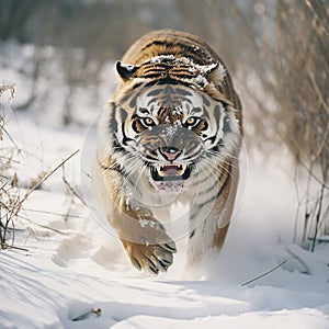 An angry tiger comes at the cameraman, growls and bares its teeth, close-up,