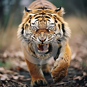 An angry tiger comes at the cameraman, growls and bares its teeth, close-up,