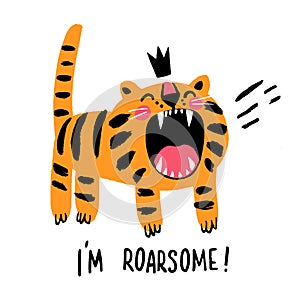 Angry tiger in crown roaring vector illustration I'm roarsome childish t shirt print design