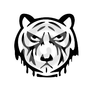 Angry tiger face, black tattoo illustration, isolated on white background.