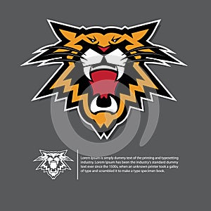 Angry tiger face logo in flat design. Sport emblem on black background.