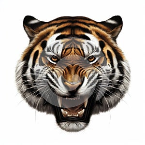 angry Tiger Face Shot Isolated on White Background. ai generative