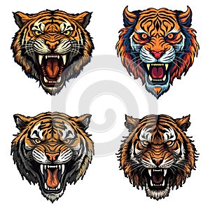 Angry Tiger Head set, vector illustration