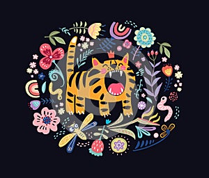 Angry tiger king in crown roaring with open mouth at blossom rounded frame vector flat illustration