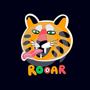 Angry tiger muzzle with open mouth tongue rooar inscription vector flat illustration clothes print
