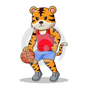 Angry Tiger Playing Basketball Cartoon. Animal Icon Concept. Flat Cartoon Style. Suitable for Web Landing Page, Banner, Flyer