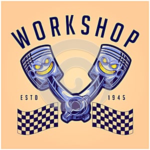 Angry twin piston motor engine workshop illustration