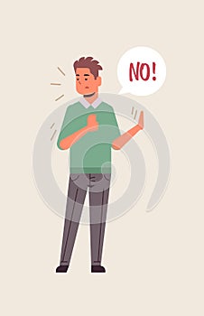 Angry unhappy man saying NO speech balloon with NO scream exclamation negation concept furious guy showing stop gesture