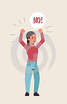 Angry unhappy woman saying NO speech balloon with NO scream exclamation negation concept furious screaming girl raising