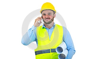 Angry upset young construction engineer yeling at the phone