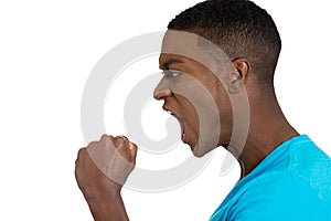 Angry upset young man, employee, fists in air, open mouth yelling