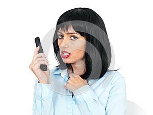 Angry Upset Young Woman Using a Mobile or Chordless Telephone