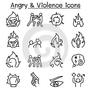 Angry & Violence icon set in thin lines style