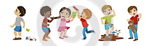 Angry Warring and Bullying Kids Fighting Vector Set
