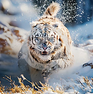 Angry White Tiger running in the snow in wild winter nature. Big snow tiger prowls the tundra - AI generated