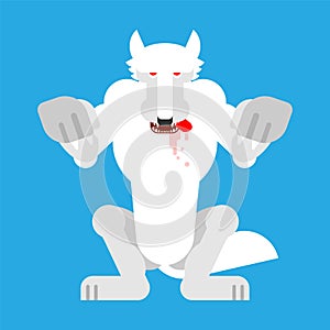 Angry White Wolf attack isolated. Snow Werewolf Predator beast Standing on hind legs. wildlife vector illustration