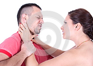 Angry wife try to strangle unfaithful husband photo
