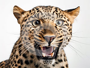 Angry wild leopard portrait and isolated white background