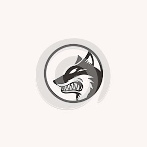 Angry wolf or dog circle monochrome mascot logo illustration