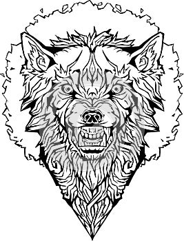 Angry wolf in a frame. Isolated. Coloring page.