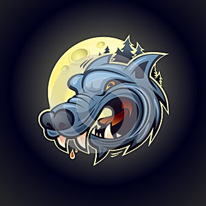 Angry wolf with full moon vector logo design