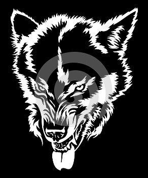 Angry wolf shows teeth, wolf grin, wolf head, black and white drawing for t-shirt