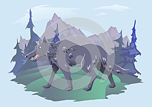 Angry wolf walking on the mountain landscape. Vector horizontal flat illustration on cyan background.