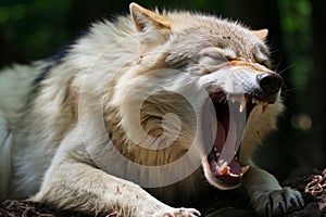 an angry wolf yawning with its mouth open