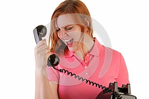 Angry woman on antique phone