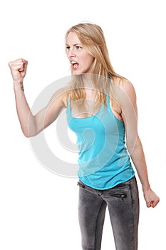 Angry woman with clenched fist