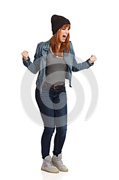 Angry Woman Is Clenching Fist And Shouting photo