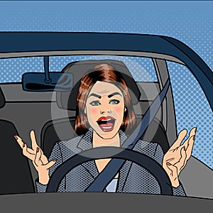 Angry Woman Driver. Aggressive Woman Driving Car. Pop Art