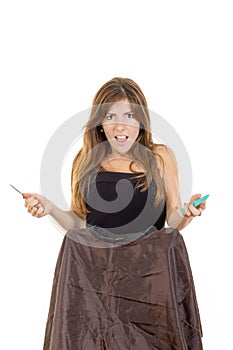 Angry woman hairdresser with comb and scissors waiting impatien